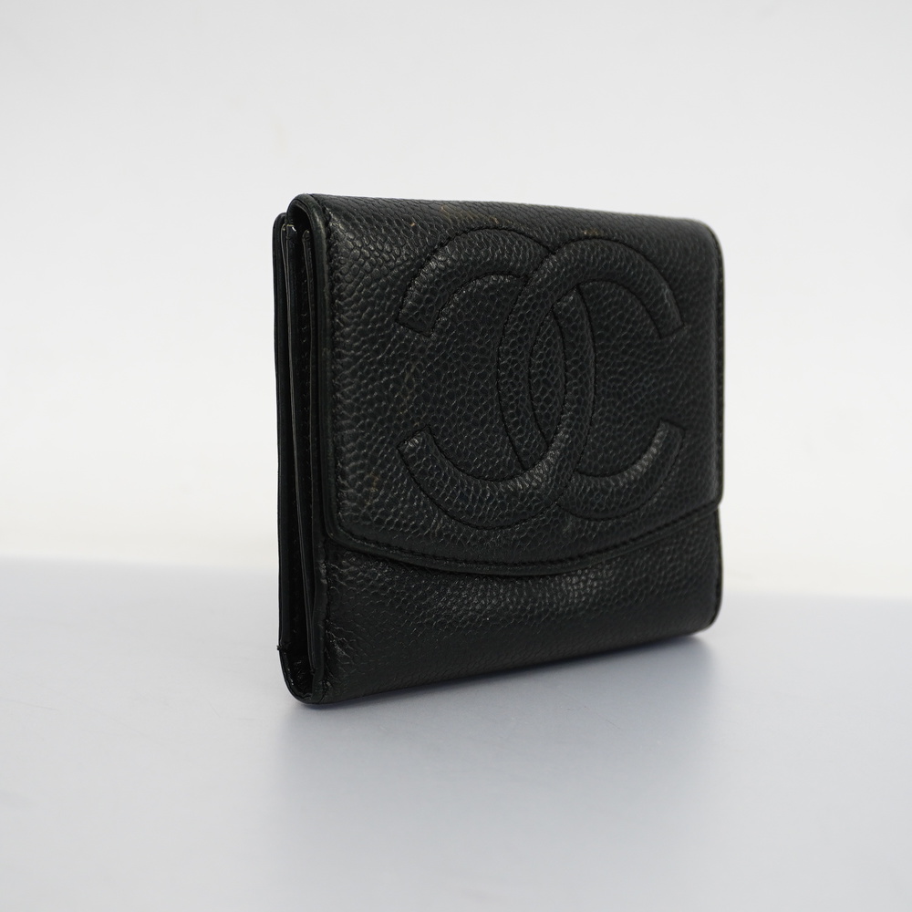Auth Chanel Bi-fold Wallet Gold Metal Women's Caviar Leather Black - Picture 2 of 15